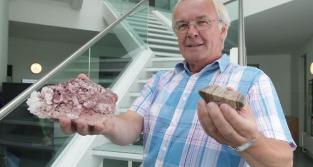 Prof Martin Feely with a modern halite from Death Valley (the big one) and an ancient piece of Earth’s crust 