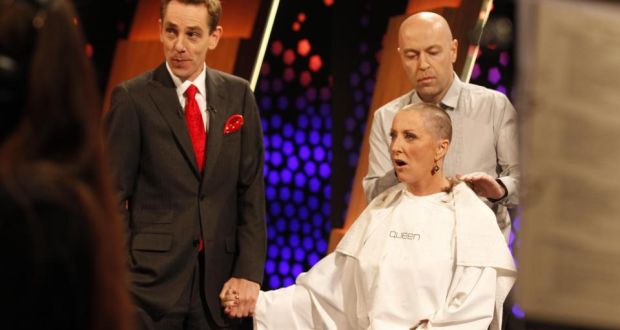Mrs O’Donnell reacts after having  her hair shaved live on RTE’s Late Late show. Photograph: Andres Poveda/The Irish Cancer Society