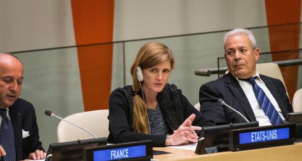 United States Ambassador to the United Nations Samantha Power at the United Nations General Assembly yesterday. Photograph: Andrew Burton/Getty Images