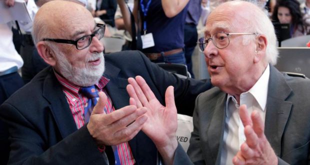 Physicists Francois Englert and Peter Higgs before a news conference on the search for the Higgs boson at CERN last year