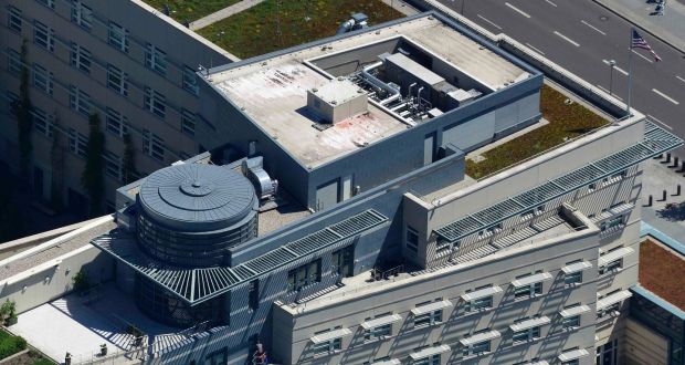 An aerial view taken shows cleaning works at the US embassy in Berlin. Photograph: Reuters/Euroluftbild.de/Robert Grahn 