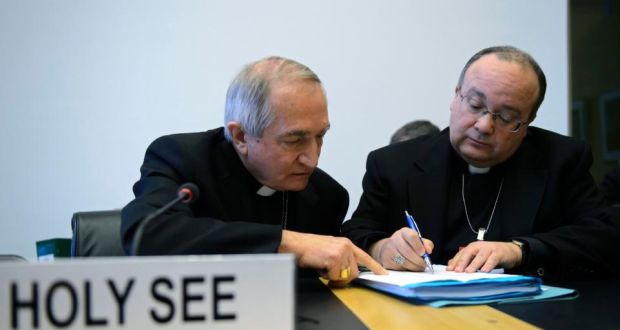 Vatican’s UN Ambassador Monsignor Silvano Tomasi (L), speaks with Former Vatican Chief Prosecutor of Clerical Sexual Abuse Charles Scicluna (R), prior to the start of a questioning over clerical sexual abuse of children at the headquarters of the UN’s office of the High Commissioner for Human Rights. Vatican’s UN Ambassador Monsignor Silvano Tomasi (L), speaks with Former Vatican Chief Prosecutor of Clerical Sexual Abuse Charles Scicluna.