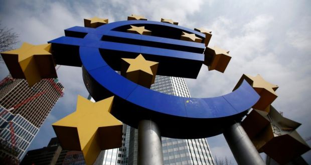 The euro  sign outside the European Central Bank in Frankfurt.  Both of the euro zone’s largest economies, France and Germany, expanded by more than analysts had expected. Photograph: Reuters/Lisi Niesner 