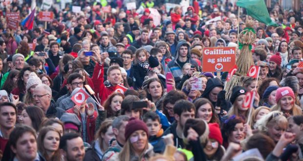 A section of the crowd at Lá Mór na Gaeilge outside Dáil Éireann on Molesworth Street today. Photograph: Seán Ó Mainnín