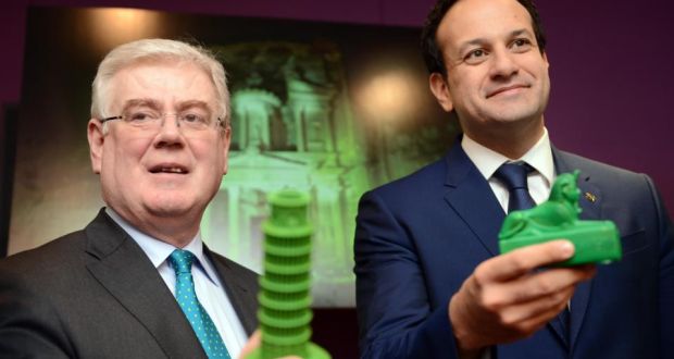  Tánaiste and Minister for Foreign Affairs and Trade Eamon Gilmore (left), and Minister for Transport, Tourism, and Sport , Leo Varadkar, at the launch of Tourism Ireland Global Greening 2014 , in Dublin last Wednewsday. The annual initiative sees a variety of major landmarks around the world turn green for St Patrick's Day. Photograph: Eric Luke / The Irish Times