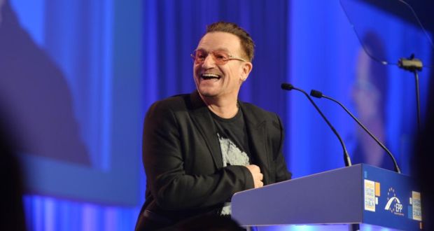 U2 singer Bono addresses the European People’s Party election congress in the Convention Centre in Dublin yesterday. Photograph: Alan Betson / The Irish Times 