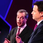 Deputy prime minister Nick Clegg (right) and Ukip (UK Independence Party) leader Nigel Farage, debate on Britain’s future in the European Union. Photograph:  Ian West/WPA/ Getty Images