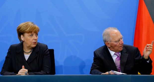 German chancellor Angela Merkel and finance minister Wolfgang Schaeuble have been speaking about claims of US spying on German interests after the arrest of a man on suspicion of working for a foreign intelligence agency. Mr Schaeuble said the story was so stupid that one can only cry at the foolishness of it. Photograph: Tobias Schwarz/Reuters.