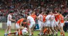 Armagh and Tyrone players confront each other en masse  early in the All-Ireland SFC   Qualifier Series Round 2B game at Healy Park in Tyrone. Photograph: Andrew Paton/Inpho/Presseye