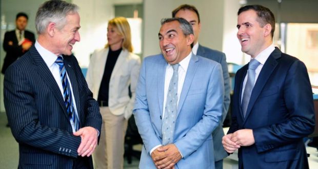 Minister for Jobs, Enterprise and Innovation Richard Bruton (left)  with Olivier Novasque, chief executive,  Sidetrade Group, and Martin Shanahan, chief executive  of IDA Ireland,  at the opening of Sidetrade’s new offices in Dublin yesterday. Photograph: Aidan Crawley