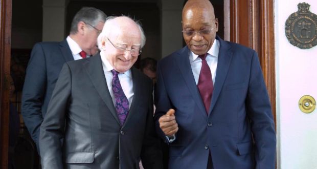  President Michael D Higgins with  South African president  Jacob Zuma at the Union Buildings in Pretoria yesterday. Photograph: Chris Bellew/Fennell Photography 