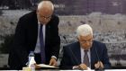 Palestinian president Mahmoud Abbas signs more than 20 international treaties, including the Rome Statute of the International Criminal Court, during a special leadership meeting in the West Bank city of Ramallah on Wednesday. Photograph: Alaa Badarneh/EPA.