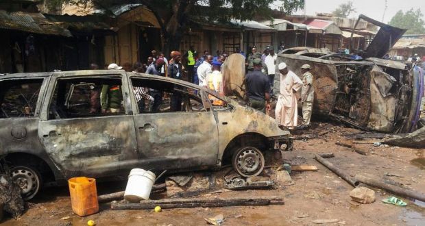The aftermath of a Boko Haram  bomb blast at Dukku bus rank in Gombe, Nigeria, in late December in which at least 20 people died and 18 sustained various injuries. In Baga the dead were said to be “littered on the streets and surrounding bushes”. Photograph: EPA