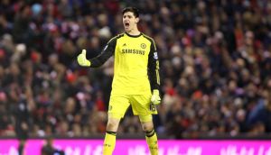 Chelsea’s Thibaut Courtois pulled off  a number of crucial saves as his side drew 1-1 at Anfield in the League Cup semi final first leg. (Photograph: Peter Byrne/PA Wire)