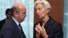 IMF managing director Christine Lagarde speaks to Spanish Economy Minister Luis de Guindos prior to the beginning of a Eurozone finance ministers meeting in Brussels. Photograph: Reuters/Philippe Wojazer