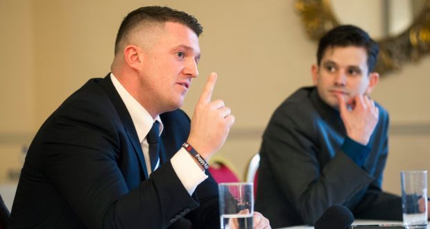 Former English Defence League founder Tommy Robinson and Peter O’Loughlin of Identity Ireland pictured at a press conference in Cork. Photograph: Daragh Mc Sweeney/Provision