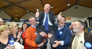 Independent candidate Shane Ross celebrates being elected in the Dublin Rathdown constituency. He was the first TD elected in the State in the general election. Photograph: Barbara Lindberg