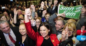  Sinn Féin’s deputy leader Mary Lou McDonald celebrates  winnining her seat in Dublin Central. Photograph: Aidan Crawley/EPA
