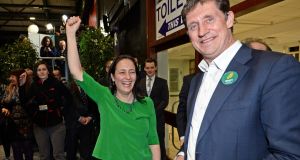 Green Party deputy leader Catherine Martin celebrates winning a seat for the party in the Dublin Rathdown constituency with Green leader Eamon Ryan. Photograph: Eric Luke/The Irish Times.