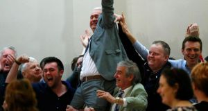 Fianna Fáil’s Declan Breathnach celebrates after being elected during the second day of the election count in Dundalk. Photograph: Darren Staples/Reuters