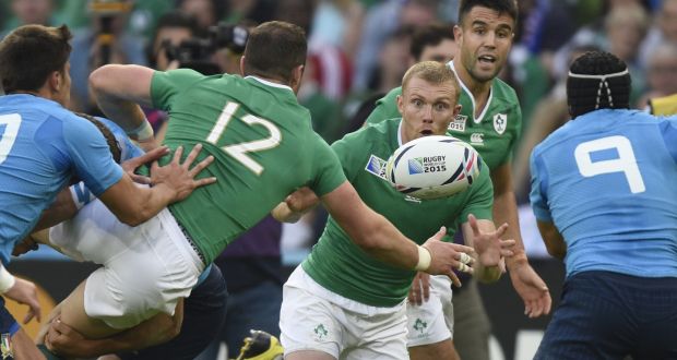  Robbie Henshaw passes to Keith Earls during the Pool D World Cup clash at the Olympic Stadium. Photograph: Matrin Bureau/AFP/Getty Images)