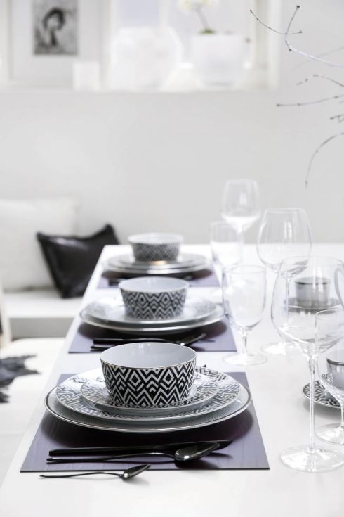 Addison is a new deco-inspired dining set from online shop Amara (amara.com). Set against modern white furniture it feels very contemporary but its roots are in the 1920s. The dinner place, bowl and soup plate each cost €20 while the side plate costs €11. Serve tea or coffee afterwards in the matching teapot, €52, creamer, €33 and sugar bowl, €33.
