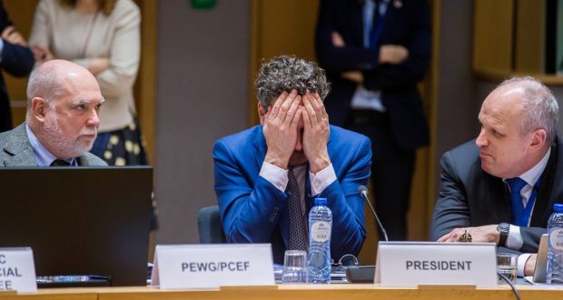 Euro group president Jeroen Dijsselbloem  covers his face prior to the start of a Euro group finance ministers’ meeting at the European Council headquarters in Brussels on Monday. Photograph:  Stephanie Lecocq/EPA