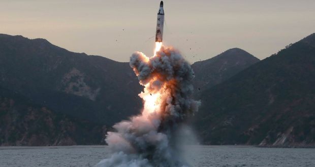  An undated file photo released by the North Korean Central News Agency (KCNA), the state news agency of North Korea, shows an ‘underwater test-fire of strategic submarine ballistic missile’ conducted at an undisclosed location in North Korea. According to media reports quoting a spokesman of the South Korean defense ministry, North Korea has test-fired several missiles in a suspected failed test on Wednesday. Photograph: EPA