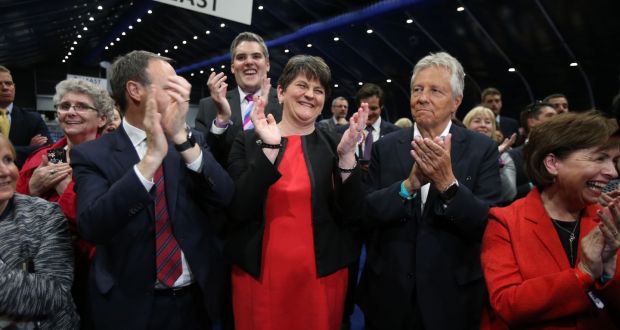 (L-R) DUP deputy leader Nigel Dodds, leader Arlene Foster and former leader Peter Robinson cheer as Emma Little Pengelly is elected to the South Belfast constituency. Photograph: Niall Carson/PA Wire