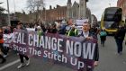 Around 300 people participated in a protest in Dublin on Saturday entitled   Stop the Fine Gael/Fianna Fáil Stitch Up. Photograph: Alan Betson/The Irish Times.