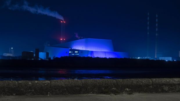 The Dublin Waste to Energy incinerator in Poolbeg is also to be lit up blue every evening from Saturday, in a tribute to all workers on the frontline of the effort against the coronavirus pandemic. Photograph: Chris Bellew /Fennell Photography