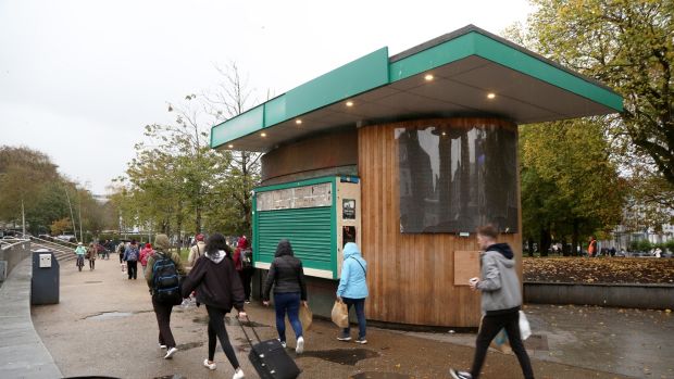 The former tourism kiosk in Eyre Square: there are calls for the establishment of a full-time Garda post at the kiosk. Photograph: Joe O’Shaughnessy