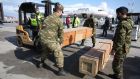 Soldiers load an airplane with humanitarian aid at the Athens International Airport, Greece, on Sunday. Like Ireland, Greece will be sending defence material and medical supplies to Ukraine. Photograph: Alexandros Beltes / EPA