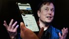 A phone screen displays the Twitter account of Elon Musk with a photo of him shown in the background. Photograph:  Olivier Douliery/AFP via Getty Images