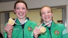 Boxers Lisa O’Rourke and Amy Broadhurst arriving back at Dublin Airport with their Gold medals from the Women’s World Championships in Istanbul. Photograph: Dara Mac Donaill / The Irish Times