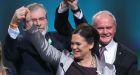 Sinn F&eacute;in president Gerry Adams, vice-president Mary Lou McDonald and First Minister of Northern Ireland Martin McGuinness at the party ardfheis at the Convention Centre Dublin.  Photograph: Niall Carson/PA Wire