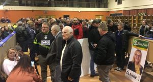 Sorca Clarke’s supporters awaiting the result of the first count for Longford-Westmeath in Athlone earlier this evening. Photograph: Colm Keena