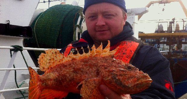 Skipper of the Eblana trawler Peter Lynch holds a red scorpion fish, caught in deep water off the Waterford coast 