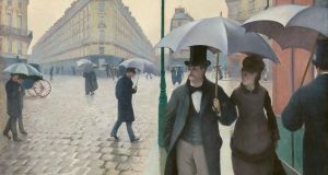 Ghostly sheen: in Gustave Caillebotte’s Paris Street, Rainy Day, seen here in detail, the lavish individuality and colour of earlier paintings have given way to the other side of fashion: its creation of a uniform, depersonalised conformity. Photograph: Metropolitan Museum of Art