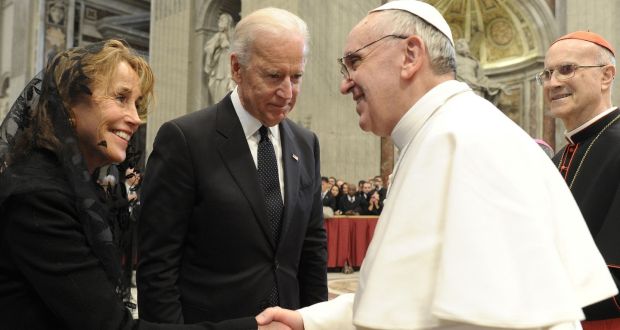 US vice-president Joe Biden and his wife Jill are greeted by Pope Francis in Saint Peter's Basilica after his inauguration at the Vatican yesterday. Mr Biden confirmed today that he will visit Ireland laster this year. Photograph: Reuters 