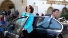 International Monetary Fund mission chief Delia Velculescu and European Commission representative Maarten Verwey arrive for a meeting with Cypriot president Nicos Anastasiades at the presidential palace in Nicosia yesterday. Photograph: Reuters