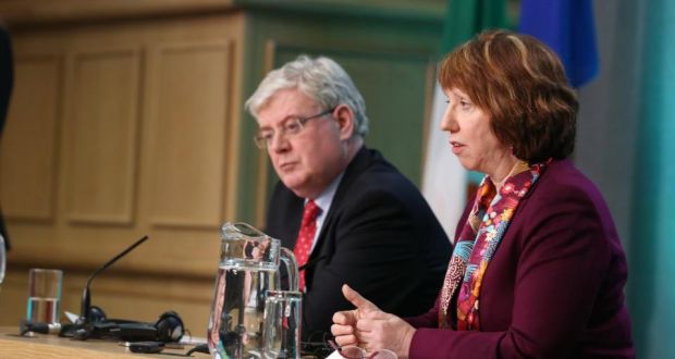 Tánaiste and Minister for Foreign Affairs Eamon Gilmore and Catherine Ashton, Vice-President of the European Commission, attend a press conference at the conclusion of the informal meeting of EU foreign ministers  at Dublin Castle today. Photograph: Justin MacInnes / MacInnes Photography/Department of the Taoiseach  