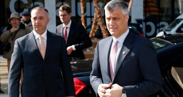 Kosovo’s prime minister Hashim Thaci (right) arrives for a meeting with Serbian prime minister Ivica Dacic and European Union foreign policy chief Catherine Ashton  in Brussels earlier this week.  Photograph: Francois Lenoir/Reuters