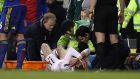 Tottenham Hotspur's Gareth Bale being treated on the pitch in the Europa League tie with FC Basel. Photograph: John Walton/PA Wire