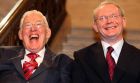 First Minister Ian Paisley and Deputy First Minister Martin McGuinness smiling after being sworn in as Ministers of the Northern Ireland Assembly, Stormont, in May  2007.  Photograph:  Paul Faith