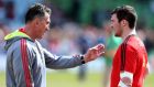  Rob Penney speaks to Peter O’Mahony prior to kickoff against Harlequins. The Munster coach got so much right on the day.  Photograph: Warren Little/Getty Images