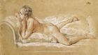 François Boucher’s  A Female Nude Reclining on a Chaise-Longue (Graphite, red and white chalk on paper). ‘As the name implies, Marie-Louise O’Murphy (the model  above)  was of Irish extraction, albeit French birth . . . It was through Casanova that news of her  beauty reached the highest circles in France, Versailles.’ Photograph copyright National Gallery of Ireland