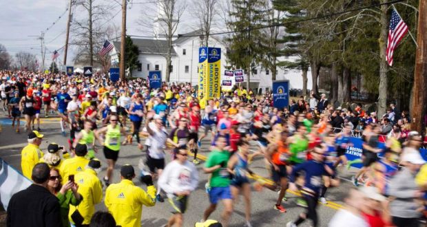 The first wave of runners starts the 117th running of the Boston Marathon on Monay. Photograph: Dominick/ Reuters