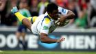 Clermont Auvergne’s Napolioni Nalaga scores his side’s try during the Heineken Cup semi-final at Stade de la Mosson in  Montpellier. Photograph:  Billy Stickland/Inpho