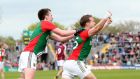Mayo’s Andy Moran celebrates scoring his side’s fourth goal with Cillian O’Connor against Galway last weekend. Photograph: James Crombie/Inpho